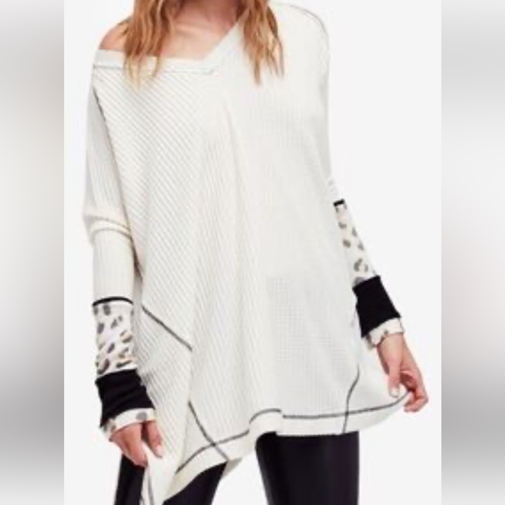 Free People Loving Leopard White and Black V-Neck Sweater Waffle Knit Thermal